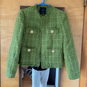 Mango Textured Green Blazer for Women